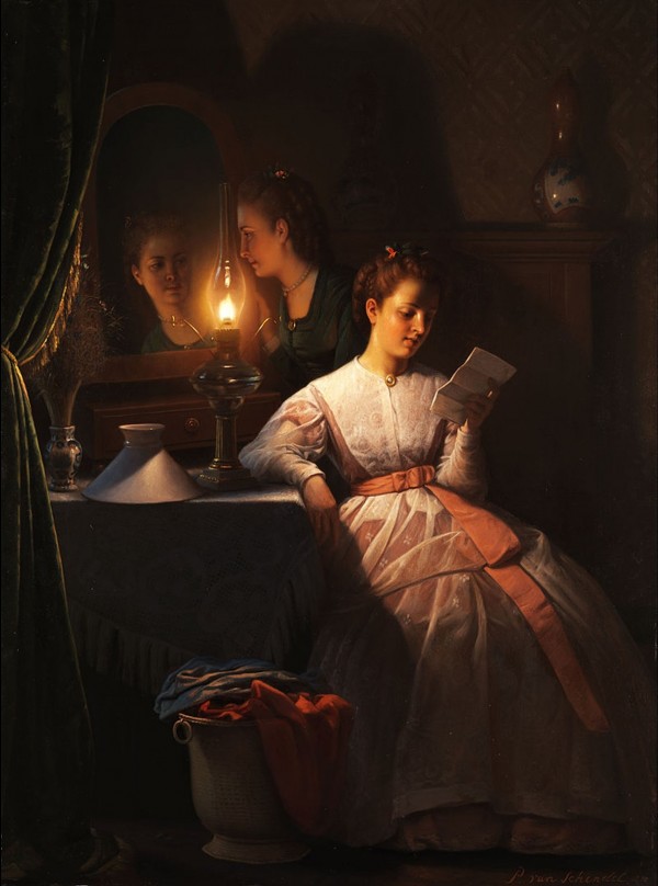 Reading the love letter at candle light by Petrus van Schendel